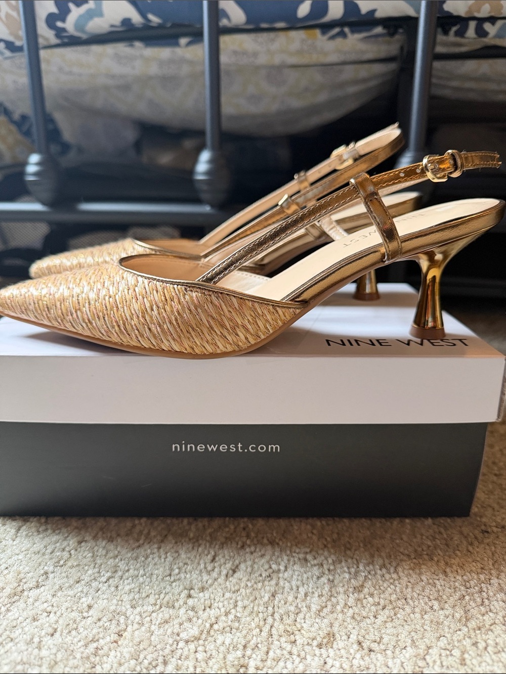 Nine West Metallic Gold Slingback Pointed Toe Heels